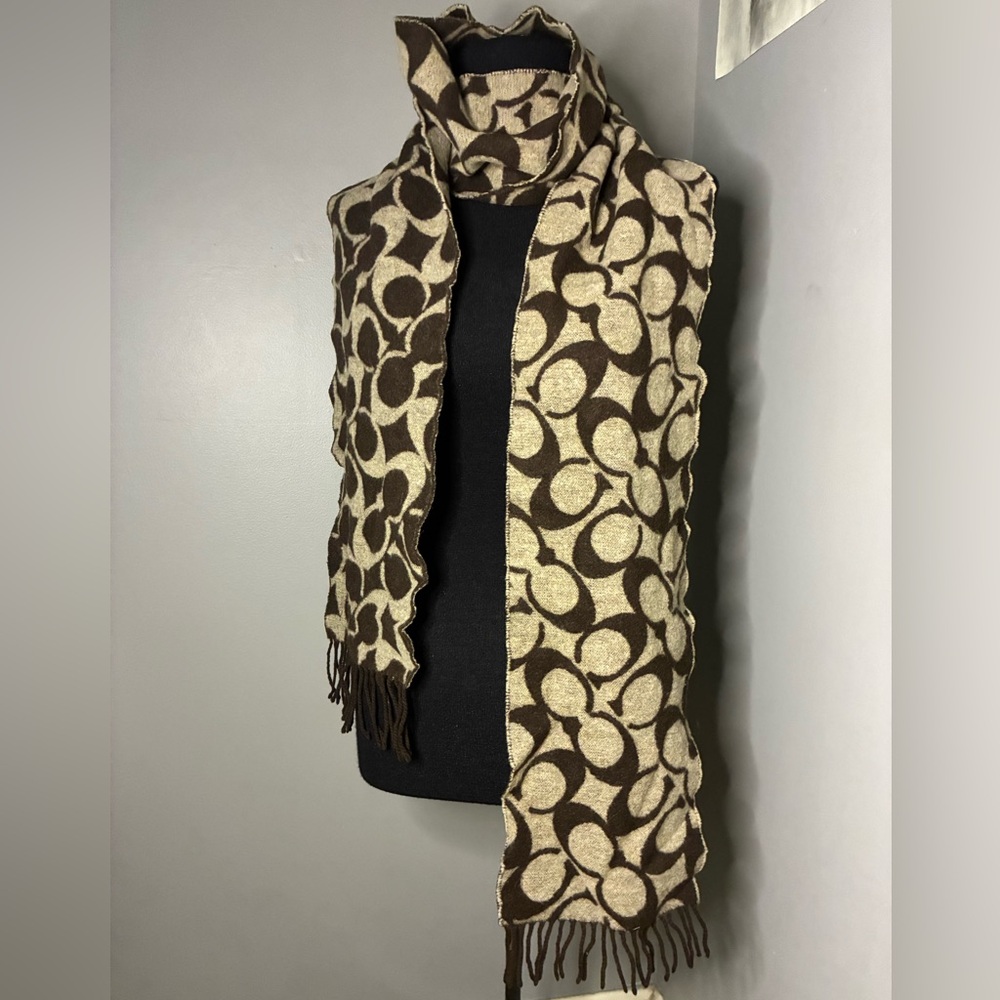 Coach 100% Merino Wool Brown and Cream Scarf